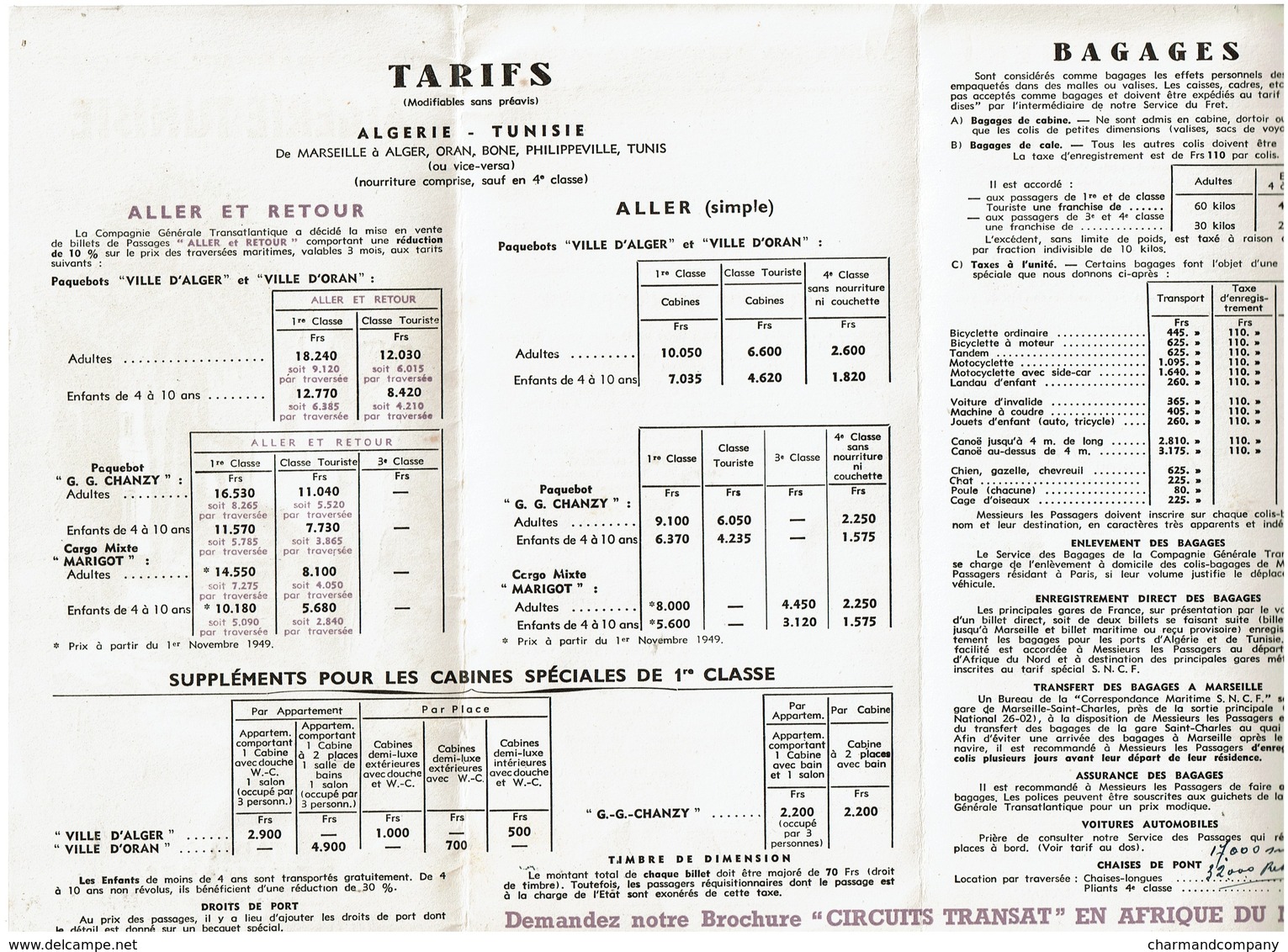 1949 - Compagnie Générale Transatlantique ALGERIE - TUNISIE - Tarifs De Passages - 2 Scans - Autres & Non Classés
