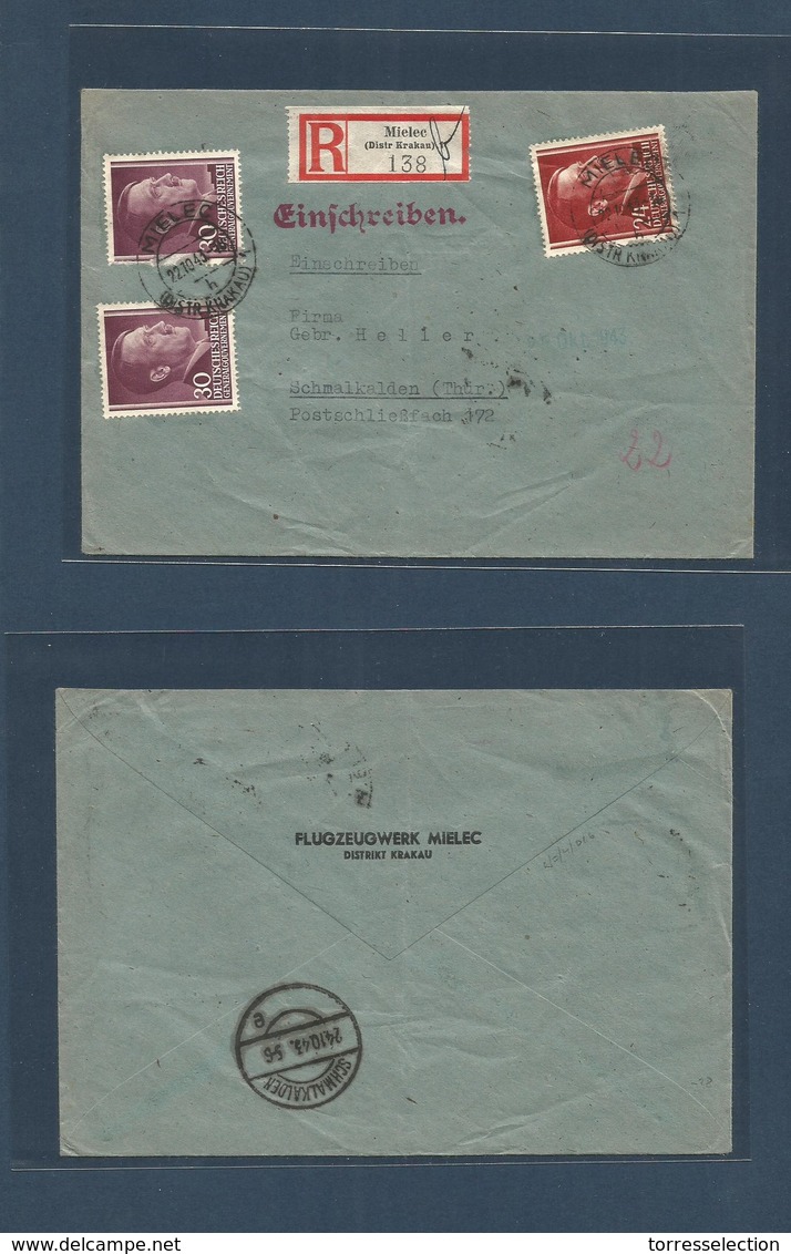 POLAND. 1943 (22 Oct) Nazi Occup. Mielec - Schmalkalden (24 Oct) Registered Hitler Issue Multifkd Env. Comercial. - Sonstige & Ohne Zuordnung