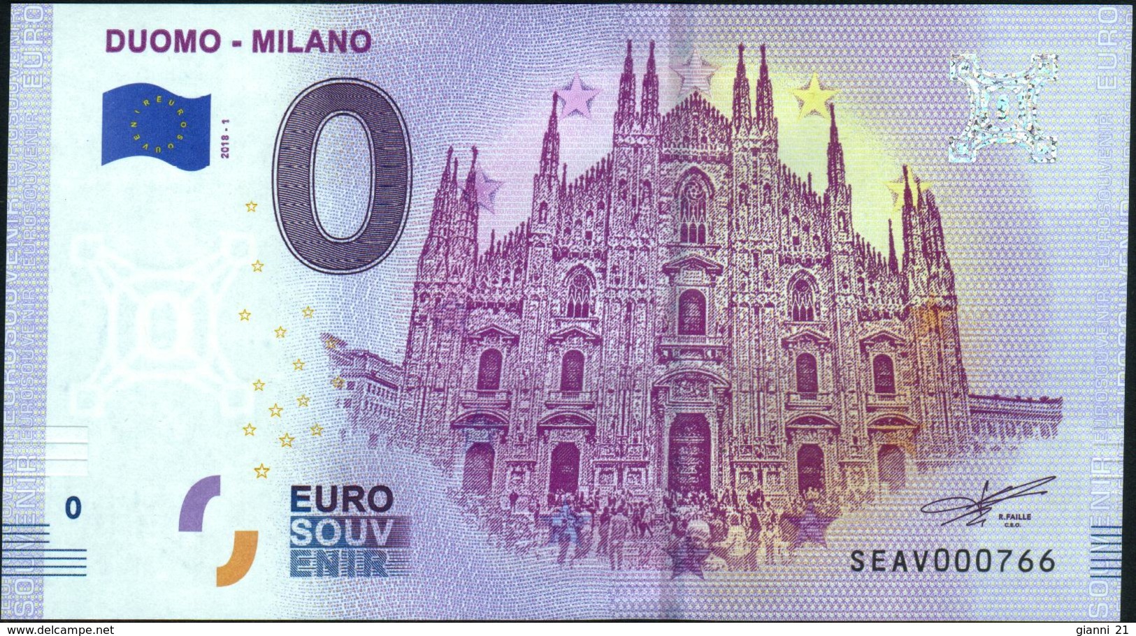 Zero - BILLET EURO O Souvenir - DUOMO - MILANO 2018-1set UNC {Italy} - Private Proofs / Unofficial