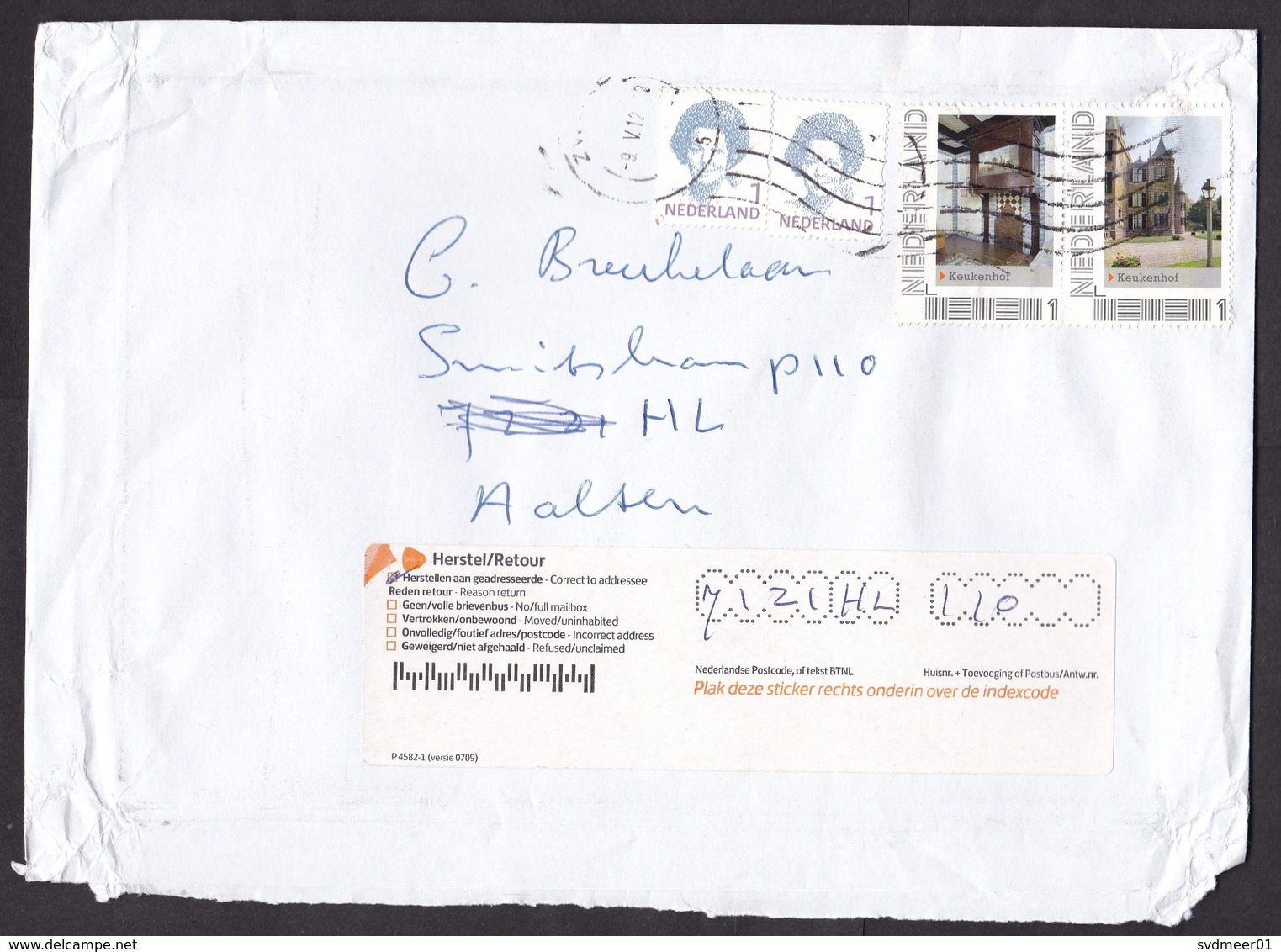 Netherlands: Cover, 2012, 4 Stamps, Keukenhof Castle, History, PostNL Label Redirected, Incorrect Postcode (damaged) - Brieven En Documenten