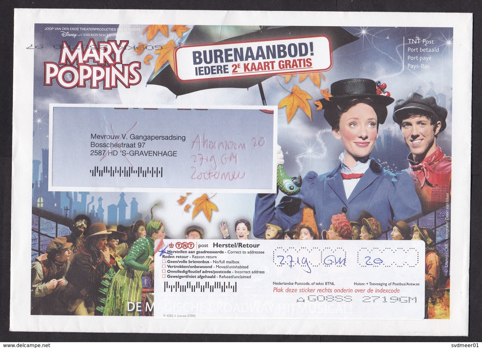 Netherlands: Advertorial Cover, Mary Poppins Disney Musical, TNT Label Redirected, Incorrect Address (traces Of Use) - Brieven En Documenten