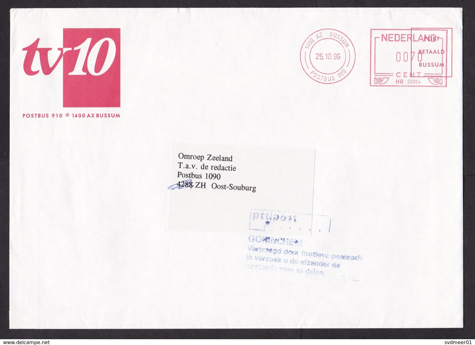 Netherlands: Cover, 1996, Meter Cancel, Rare Local Cancel Gorinchem - Delayed Due To Incorrect Postcode (traces Of Use) - Brieven En Documenten