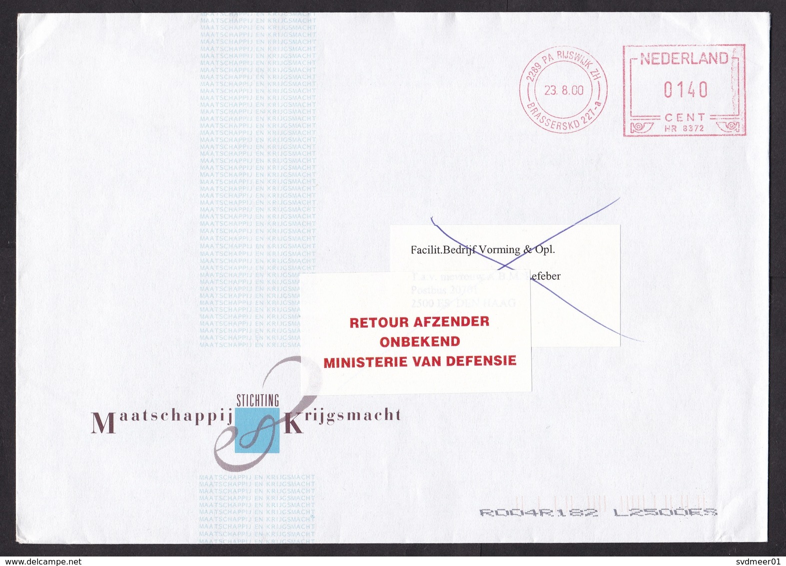 Netherlands: Cover, 2000, Meter Cancel, Label Returned - Not Known At Ministry Of Defense, Retour (traces Of Use) - Brieven En Documenten