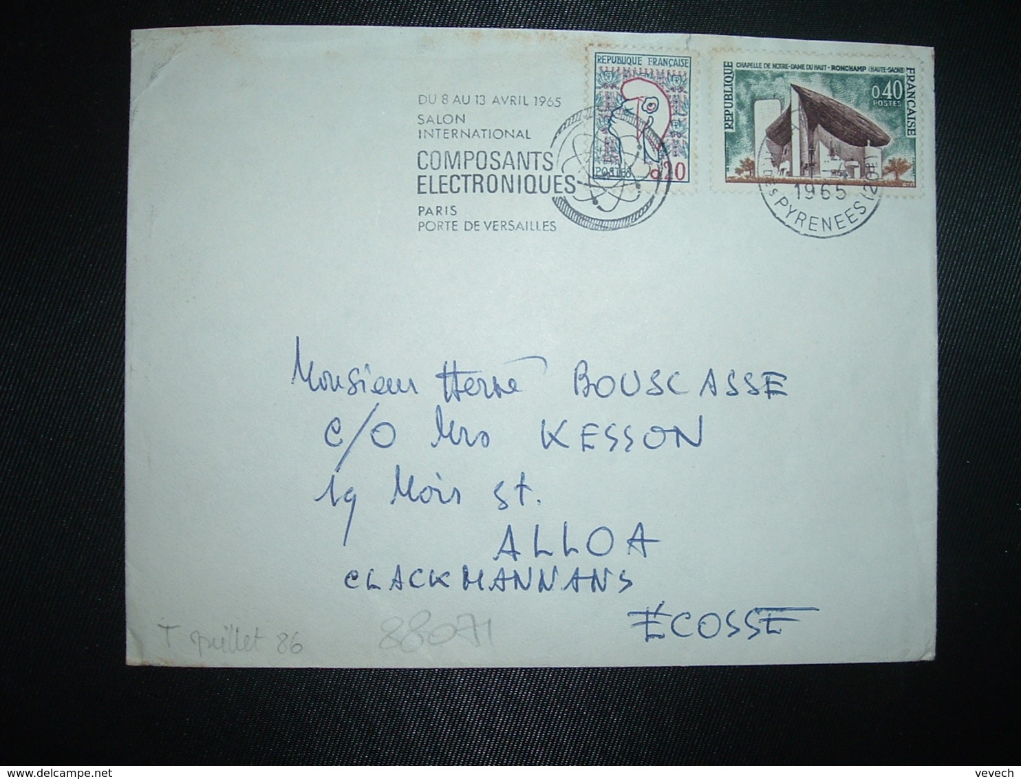 LETTRE Pour ECOSSE TP MARIANNE DE COCTEAU 0,20 + RONCHAMP 0,40 OBL.MEC.1-4 1965 PARIS XX - 1961-....