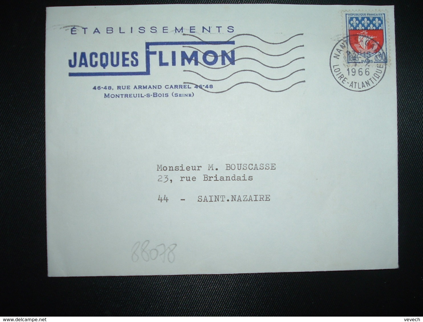 LETTRE TP BLASON PARIS 0,30 OBL.MEC.3-2 1966 NANTES GARE (44) Ets JASQUES FLIMONT MONTREUIL S/BOIS (93) - Otros & Sin Clasificación