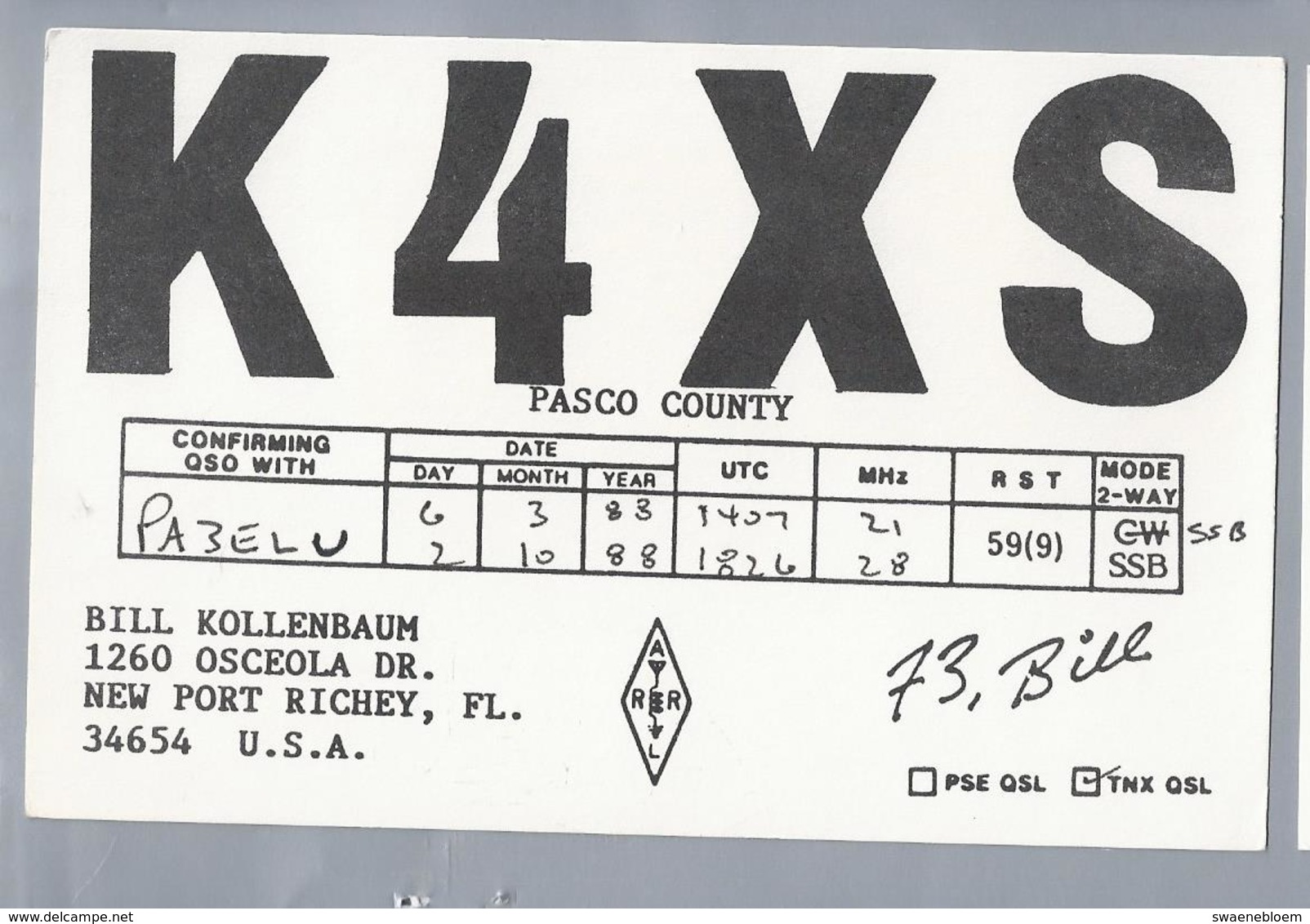 US.- QSL KAART. CARD. K4XS. BILL KOLLENBAUM, NEW PORT RICHEY, FLORIDA. PASCO COUNTY. U.S.A. - Radio-amateur