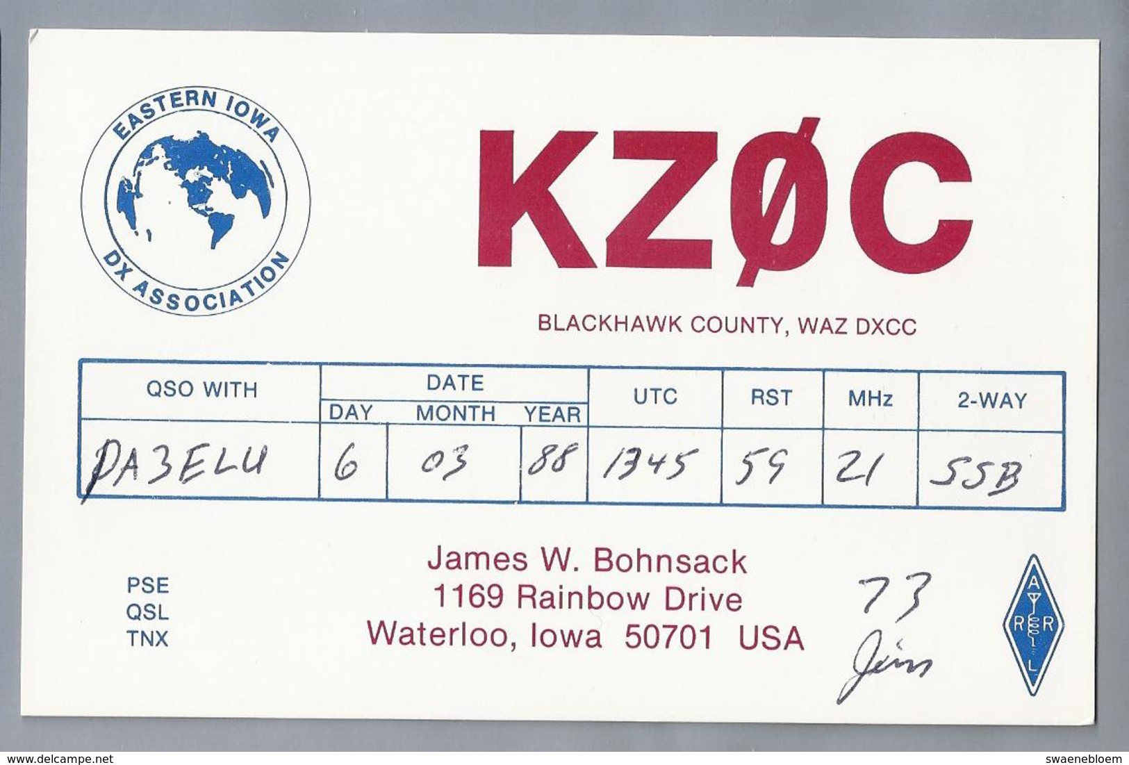 US.- QSL KAART. CARD. KZOC. JAMES W. BOHNSACK, WATERLOO, IOWA. BLACKHAWK COUNTY. U.S.A. - Radio-amateur