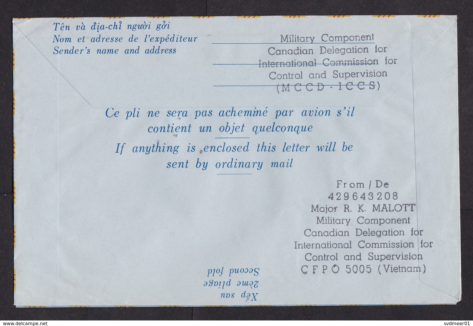 Vietnam: Stationery Aerogramme To Canada 1973, Value Overprint, Commander Truce Region HQ, Military, War (traces Of Use) - Vietnam