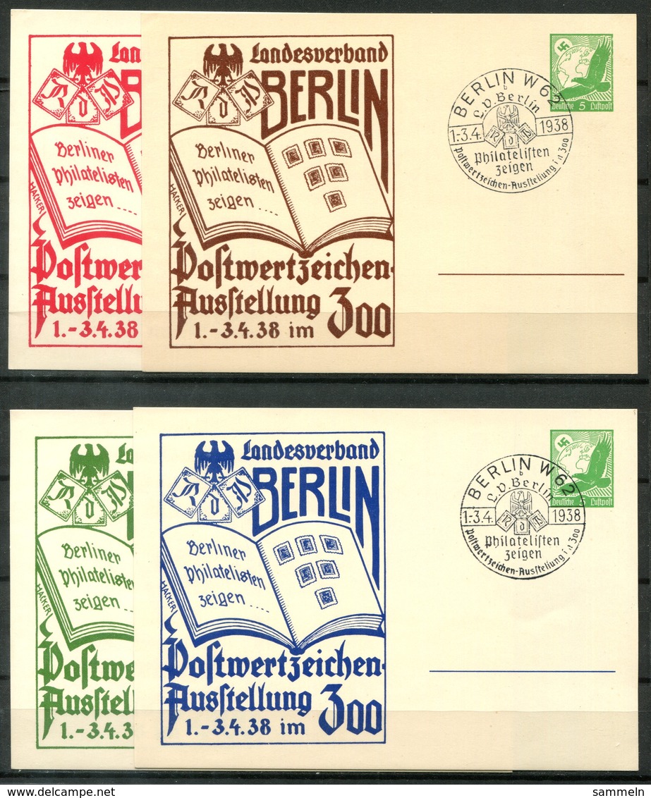 4904 - DEUTSCHES REICH - Privatganzsachen  "Postwertzeichen-Ausstellung Im Berliner Zoo 1938" - 4 Verschiedene Farben - Sonstige & Ohne Zuordnung