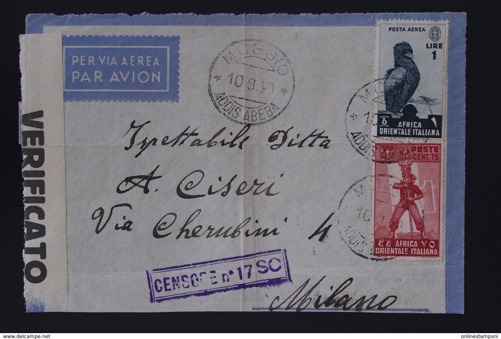 Italy Ethiopia Sa Nr A5 + 11 AOI  Airmail  Front Of Cover MOGGIO ADDIS ABEBA -MILANO 1940 Censore 2x - Aethiopien