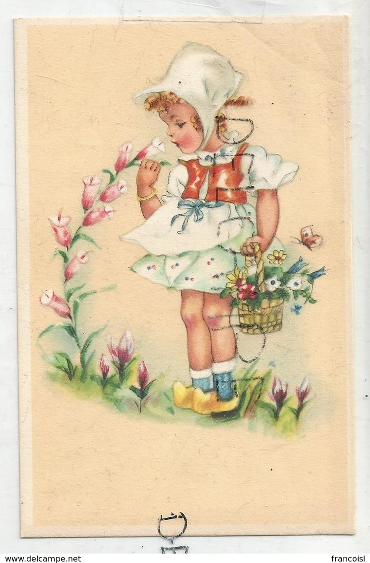 Petit Fille En Sabots Et Foulard Cueille Des Fleurs, Panier, Papillon. - Scènes & Paysages