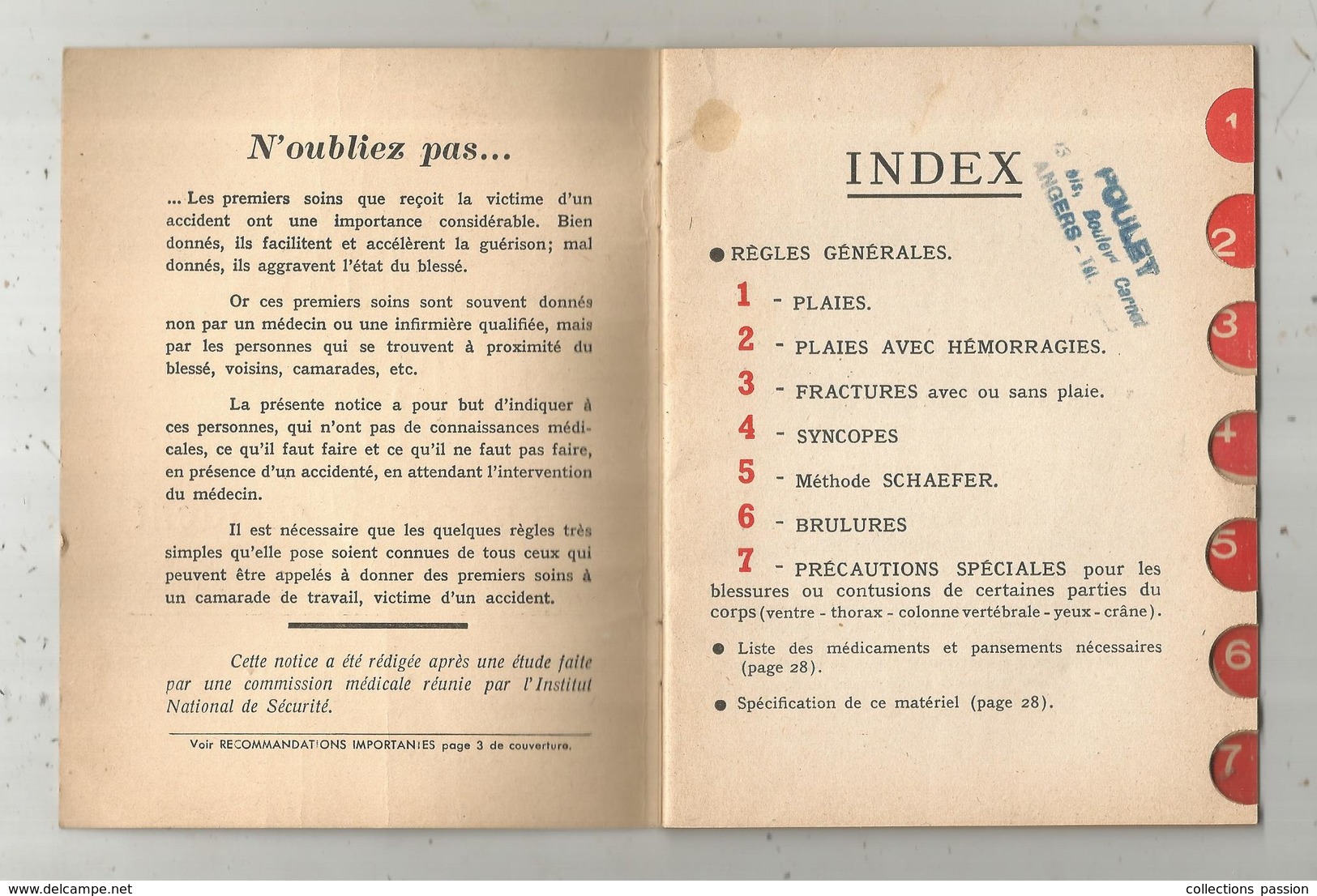 Premiers Soins En Cas D'accident , Institut National De Sécurité , 1954, Accidents Du Travail ,7 Scans , Frais Fr 2.45 E - Salud