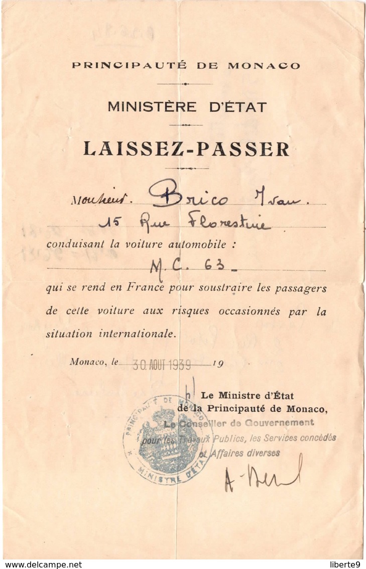LAISSEZ PASSER 1939 MINISTERE PRINCIPAUTE DE MONACO CACHET MINISTRE D ETAT - Documents Historiques