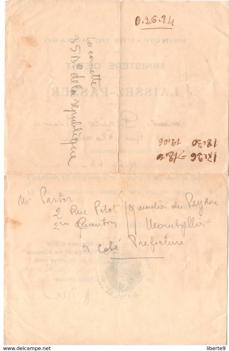 LAISSEZ PASSER 1939 MINISTERE PRINCIPAUTE DE MONACO CACHET MINISTRE D ETAT - Documents Historiques