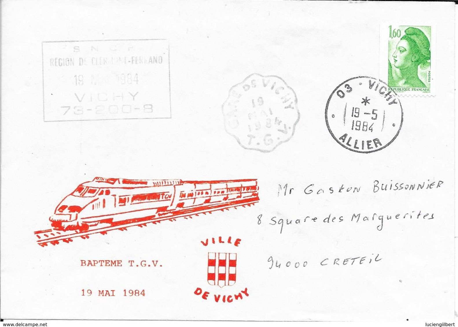 ALLIER 03 -   VICHY  -  CACHET RECETTE R A9   - 1984   - CACHET :GARE DE VICHY TGV - BAPTEME TGV 19 MAI 84 - SNCF - Manual Postmarks