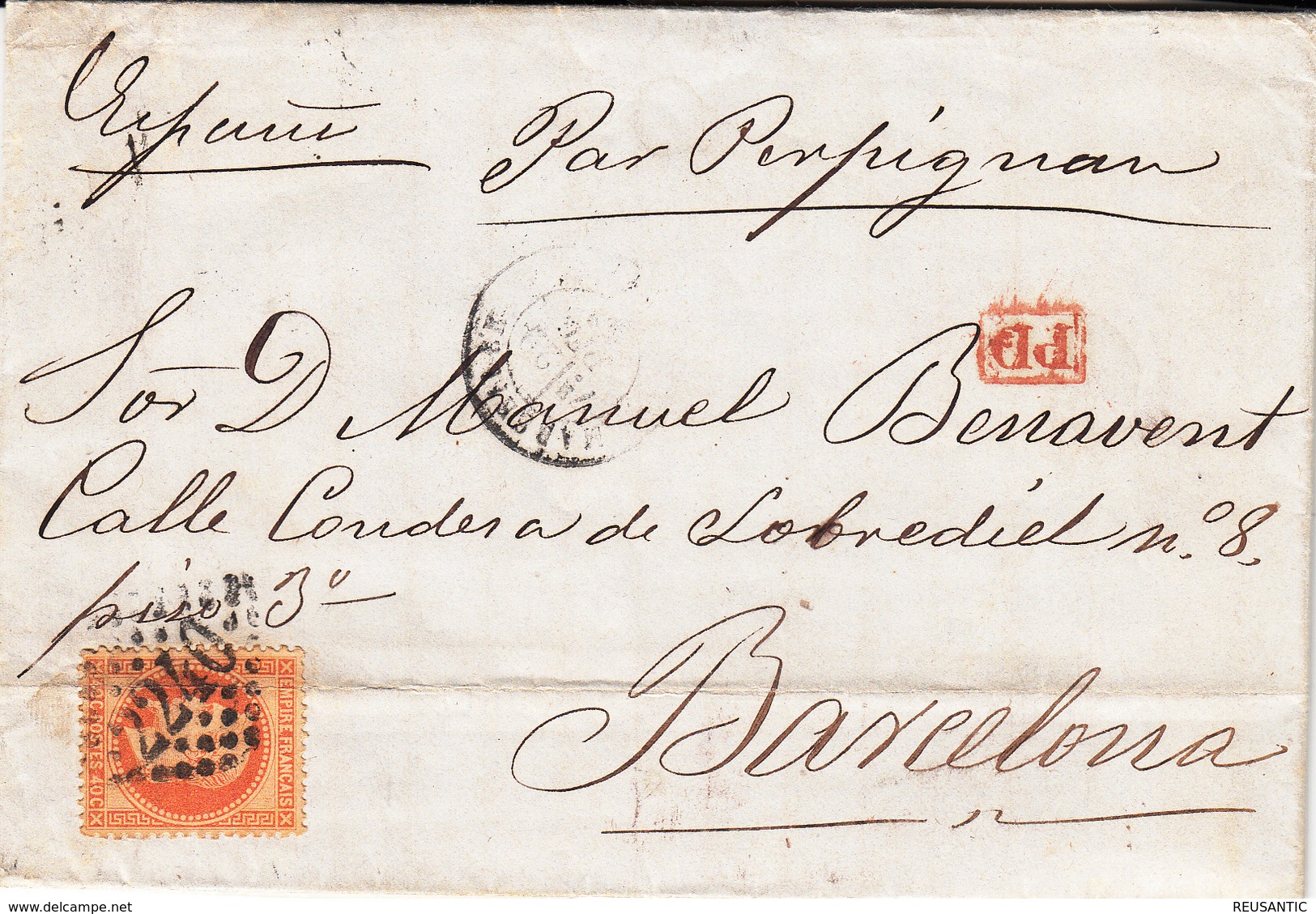 CARTA - LETTRE SELLO NUM . 23  40 CMS ORANGE DE MARSEILLE 2240  DESTINO ESPAGNE 1868  PAR PERIGNAN - 1862 Napoléon III
