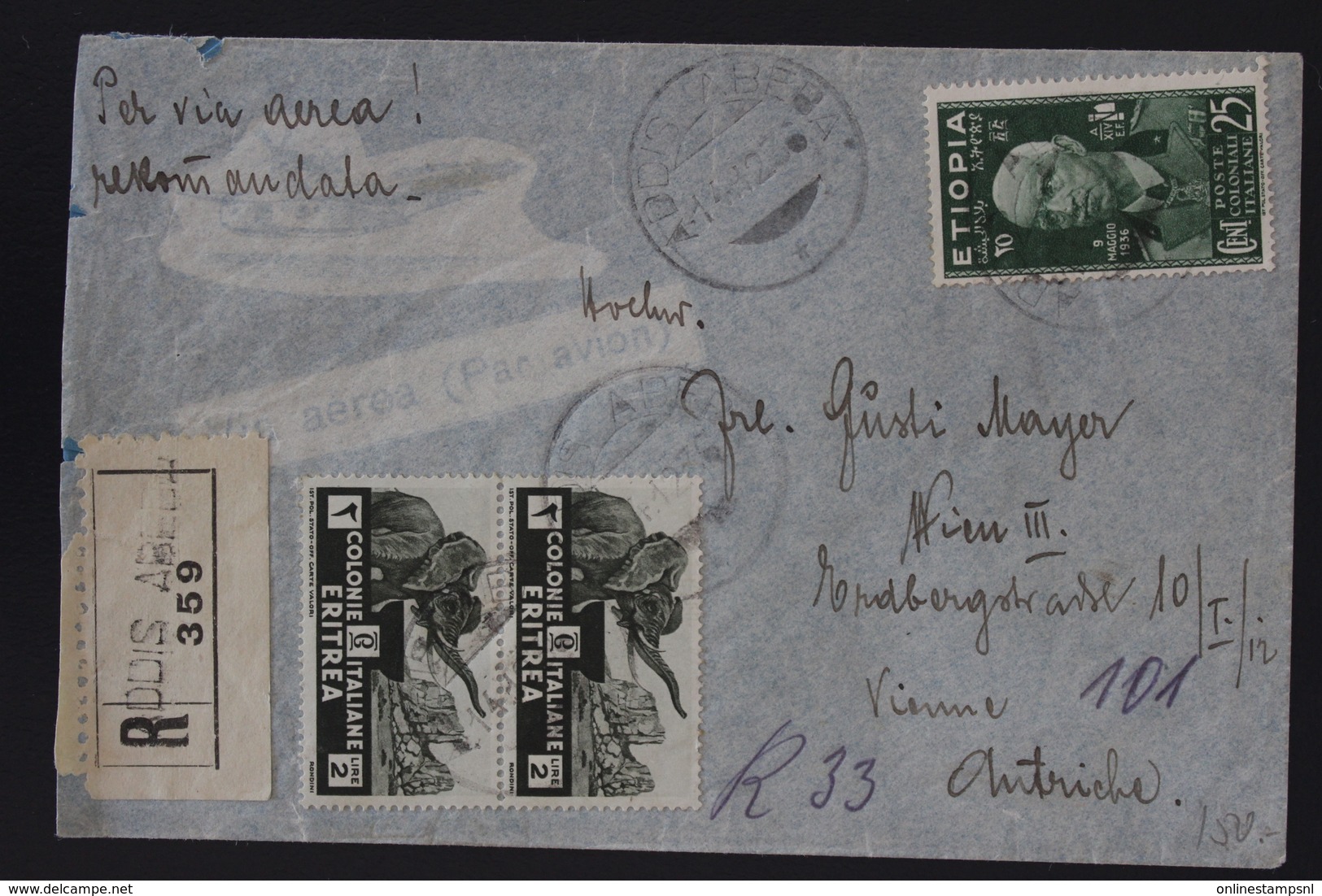 Italy Ethiopia Sa Nr 3 + 1  Eritrea 210 Strip 3  Registered Airmail Cover ADIS ABEBA -> WIEN 1936 - Etiopia
