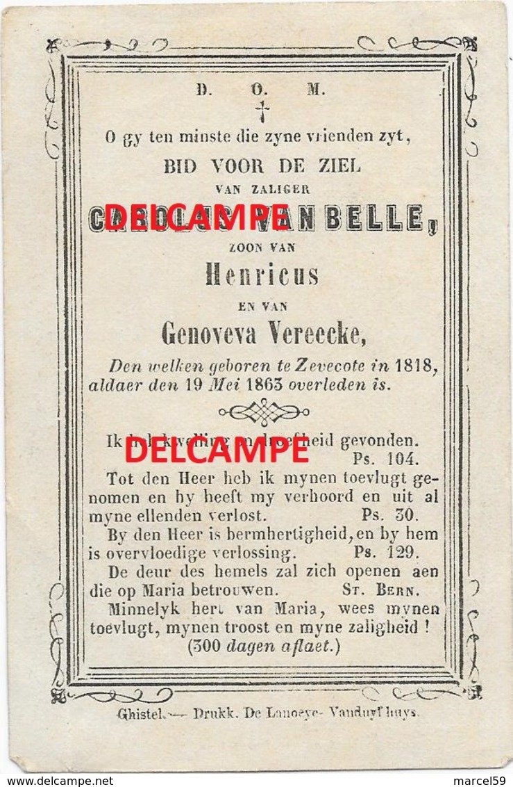 Doodsprentje Carolus Vanbelle Zevecote 1818 En Aldaar Overleden 1863 Vereecke ZEVEKOTE GISTEL  Bidprentje - Devotion Images