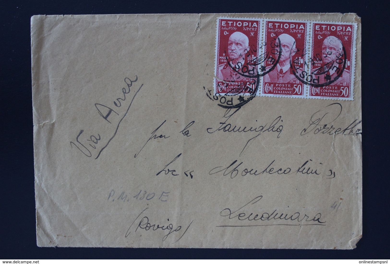 Italy  Ethiopia Sa 35 Strip Airmail Cover Addis Abeba -> LENDINARA 1936 - Etiopia