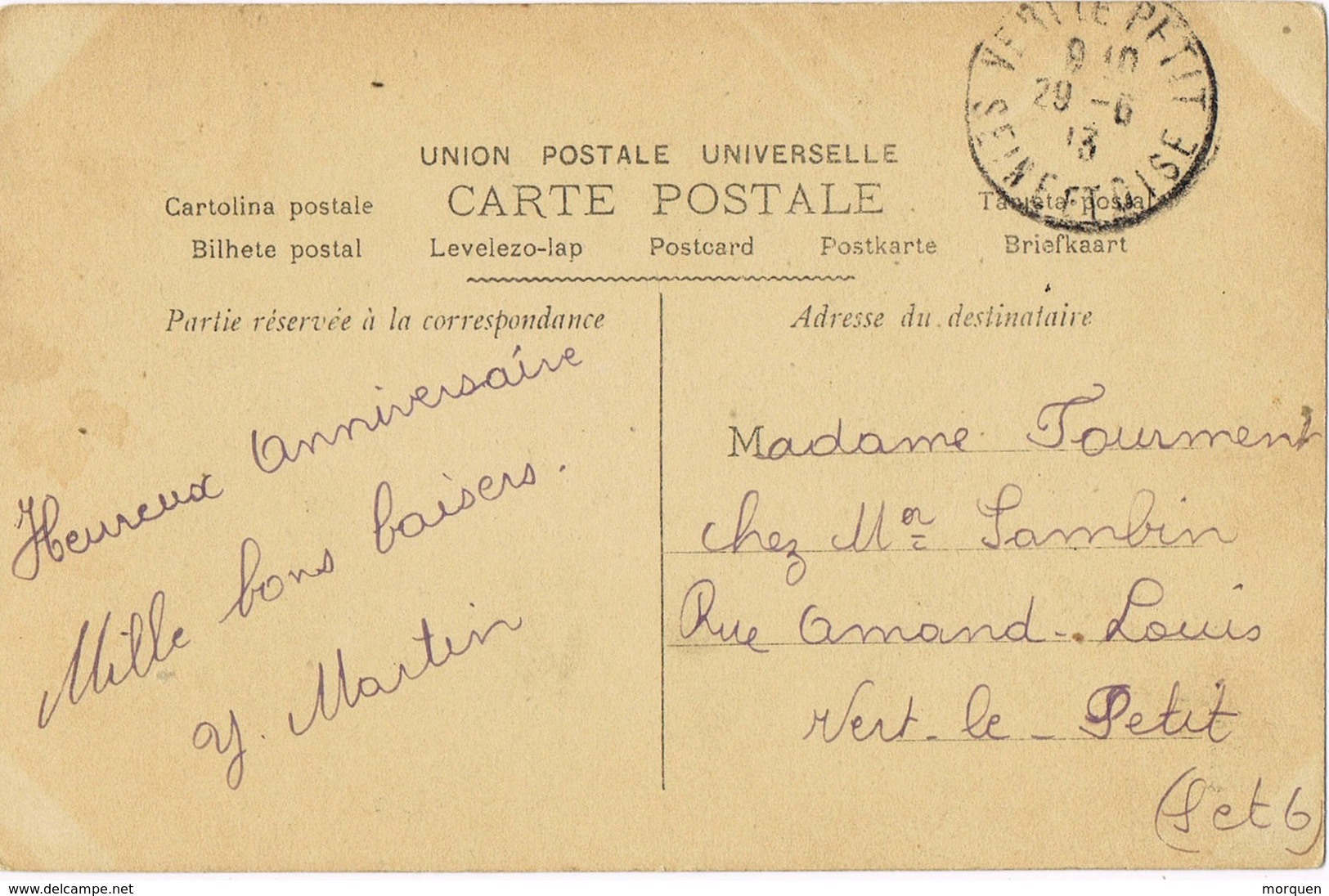 33667. Postal Romantica Vintage VERT LE PETIT (Seine Et Oise) 1913 - Cartas & Documentos