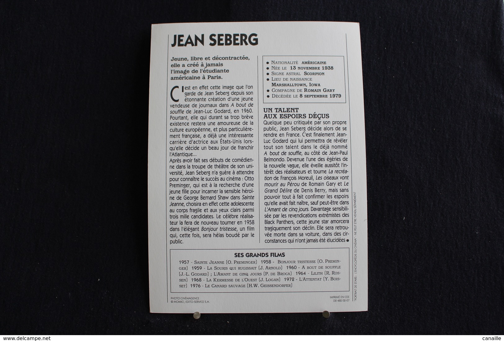 Sp-Actrice, Française, 1960 - Jean Dorothy Seberg,  Née En 1938 à Marshalltown Dans L'Iowa Et Morte En 1979 à Paris. - Acteurs