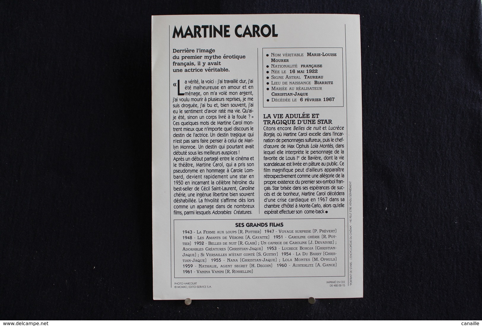 Sp-Actrice, Française,1960 - Martine Carol,née En 1920 à Saint-Mandé (Val-de-Marne),morte En 1967à Monte-Carlo (Monaco) - Acteurs