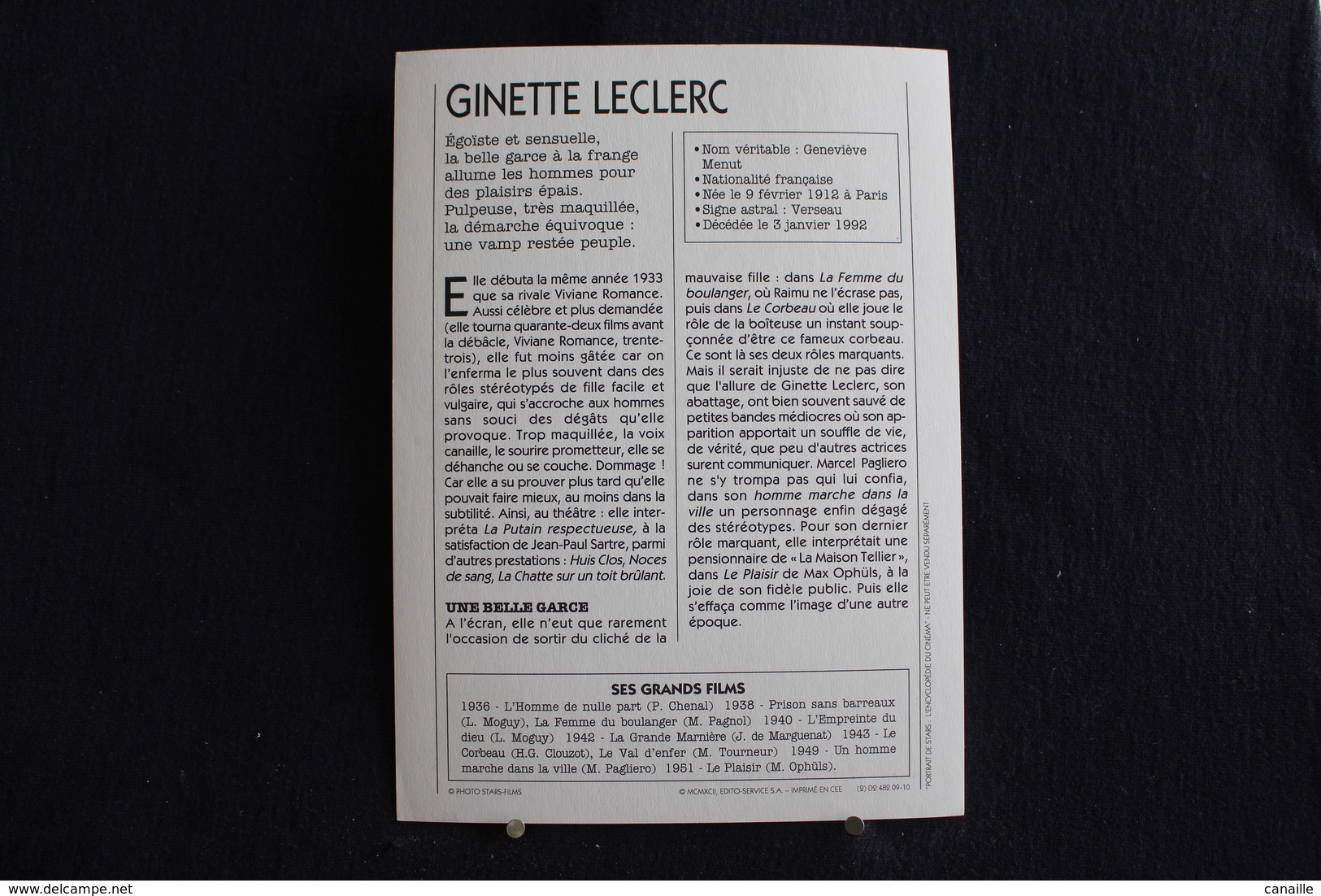 Sp-Actrice, Française, 1945 - Ginette Leclerc - Née En 1912 à Paris, Morte En 1992 à Paris . - Acteurs