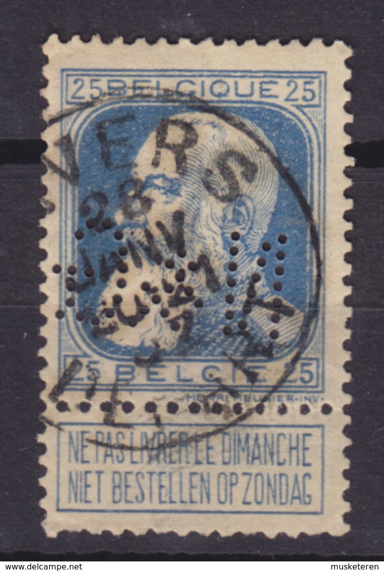 Belgium Perfin Perforé Lochung 'N&G.' Mi. 73, 25c. Leopold Stamp ANVERS DEPART Cancel (2 Scans) - 1909-34