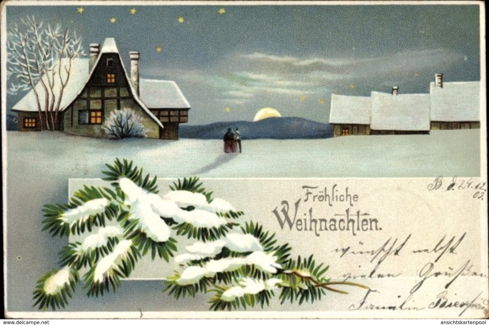 Cp Frohe Weihnachten, Winterszene, Tannenzweige, Nacht, Sternenhimmel - Sonstige & Ohne Zuordnung