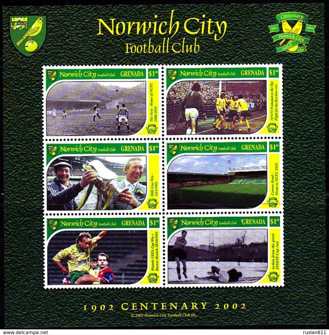 Soccer Football 2002 Grenada KB 5047/52 Norwich City MNH ** - Famous Clubs