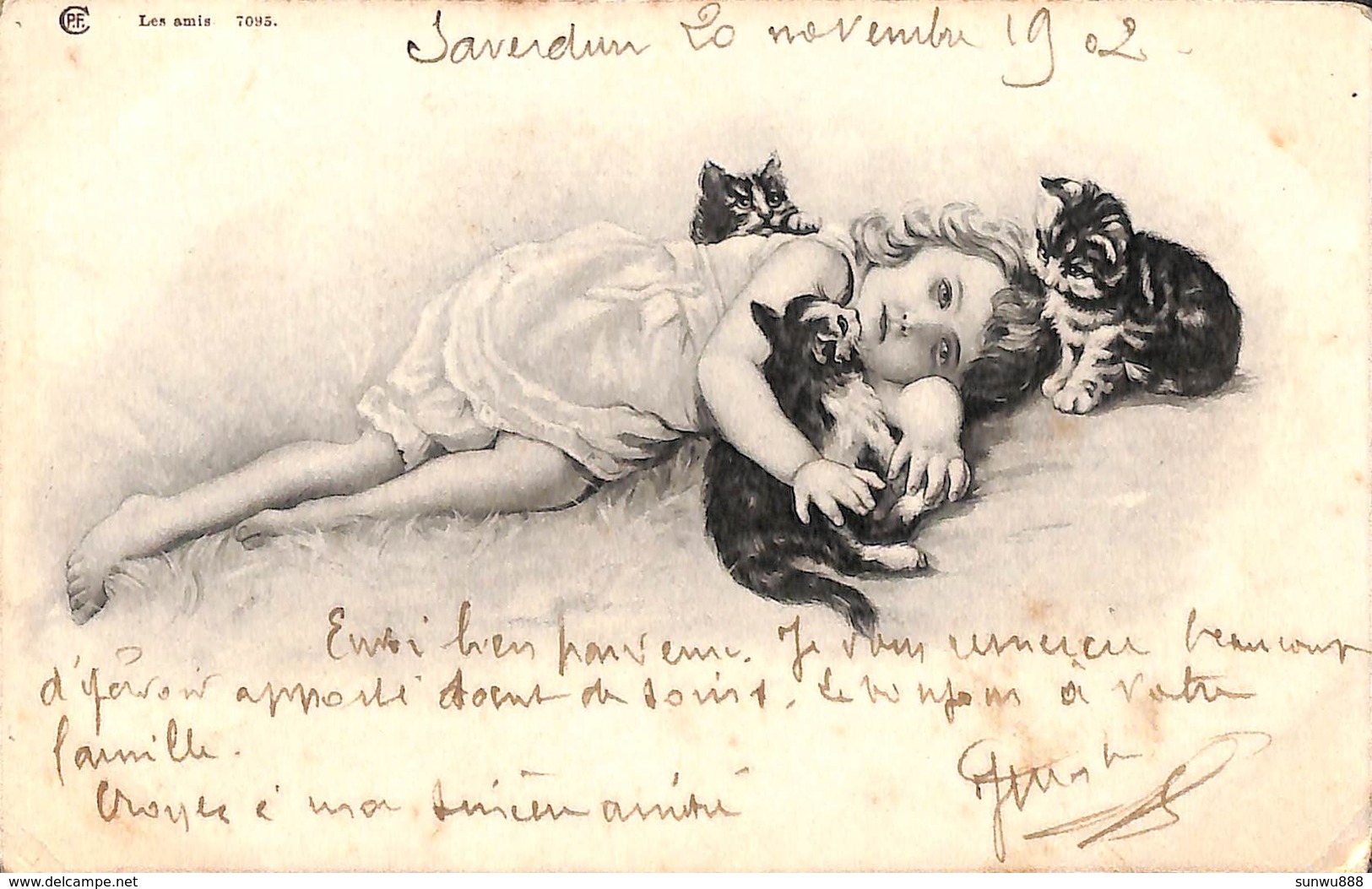 Enfant Jeune Fille Allongée Dans L'herbe Avec 3 Chatons 1902 - Scènes & Paysages