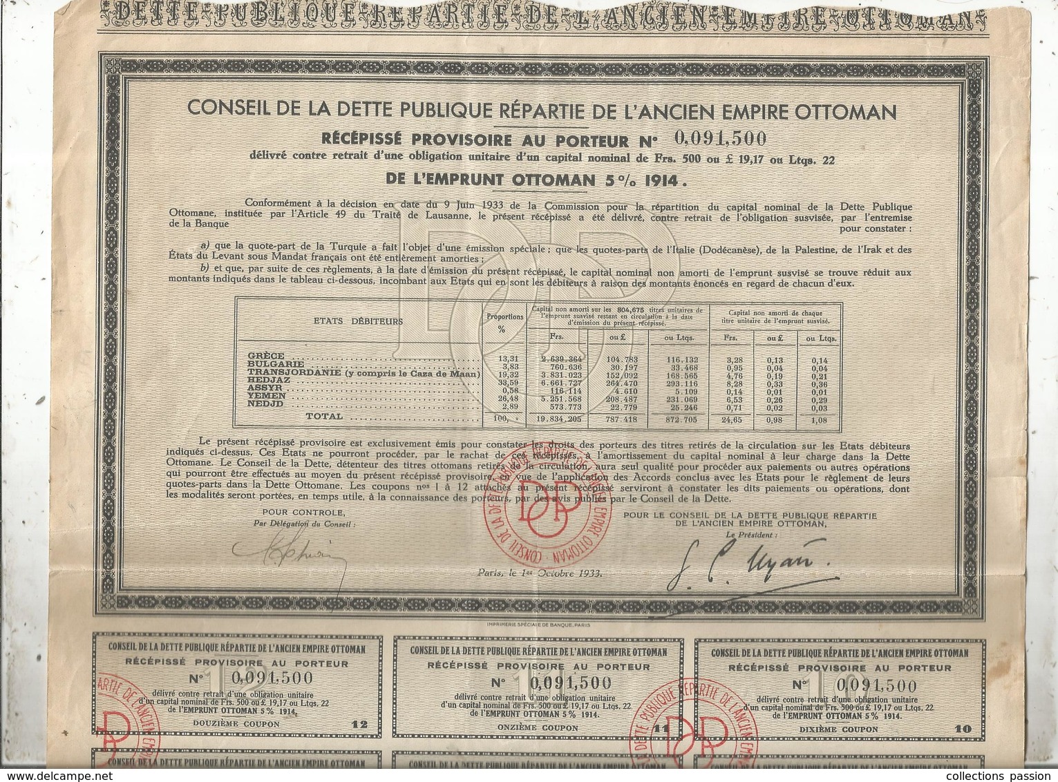 Obligation De 500 Frs , Conseil De La Dette Publique De L'ancien Empire Ottoman ,5 % 1914 , Frais Fr 1.95 E - Other & Unclassified