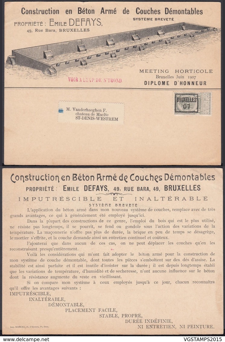 BELGIQUE PREO BRUXELLES 1907 SUR CARTON PUBLICITAIRE (DD) DC-3861 - Roulettes 1900-09