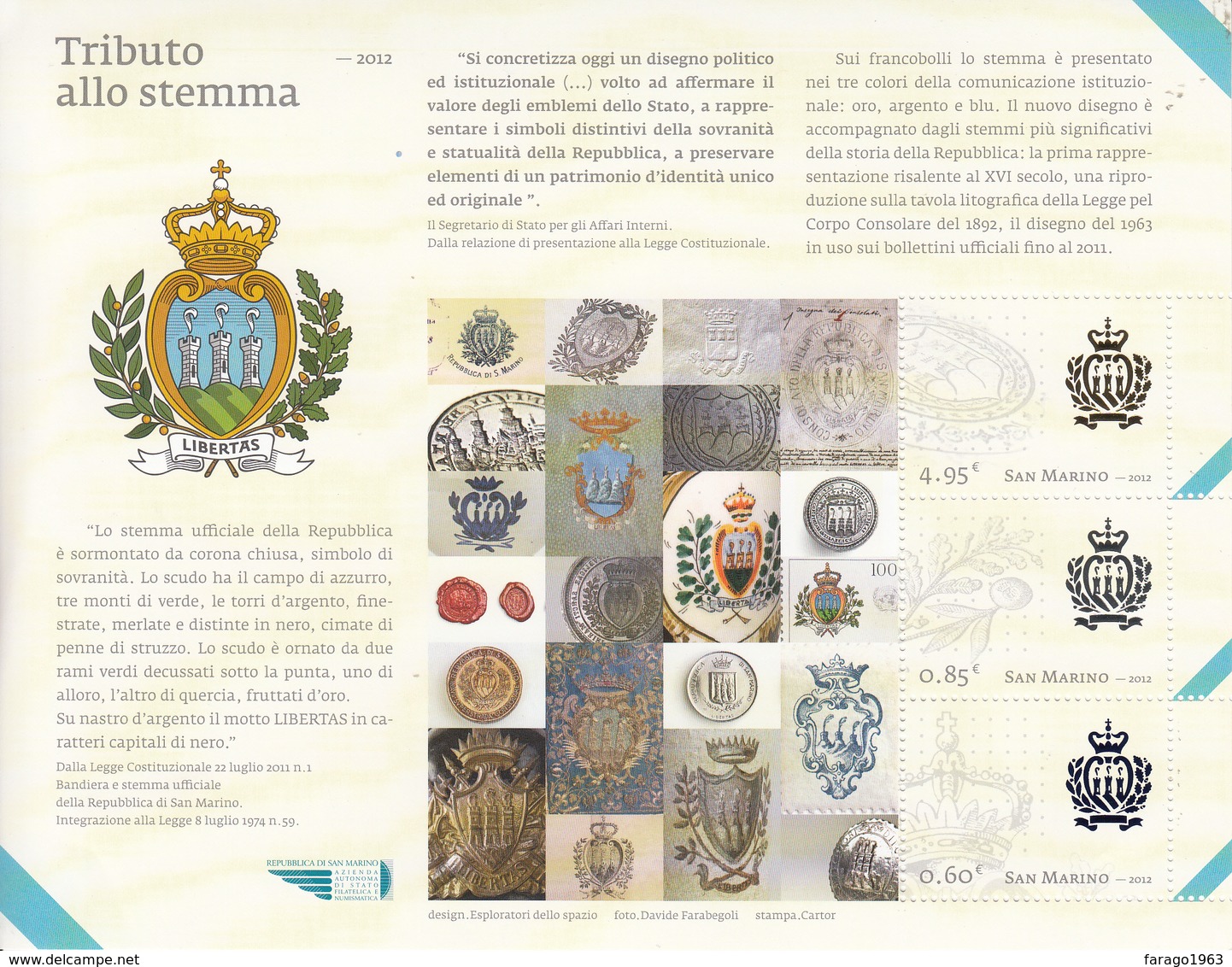 2012 San Marino Coat Of Arms  Complete Souvenir Sheet MNH   ** BELOW FACE VALUE *** - Ongebruikt