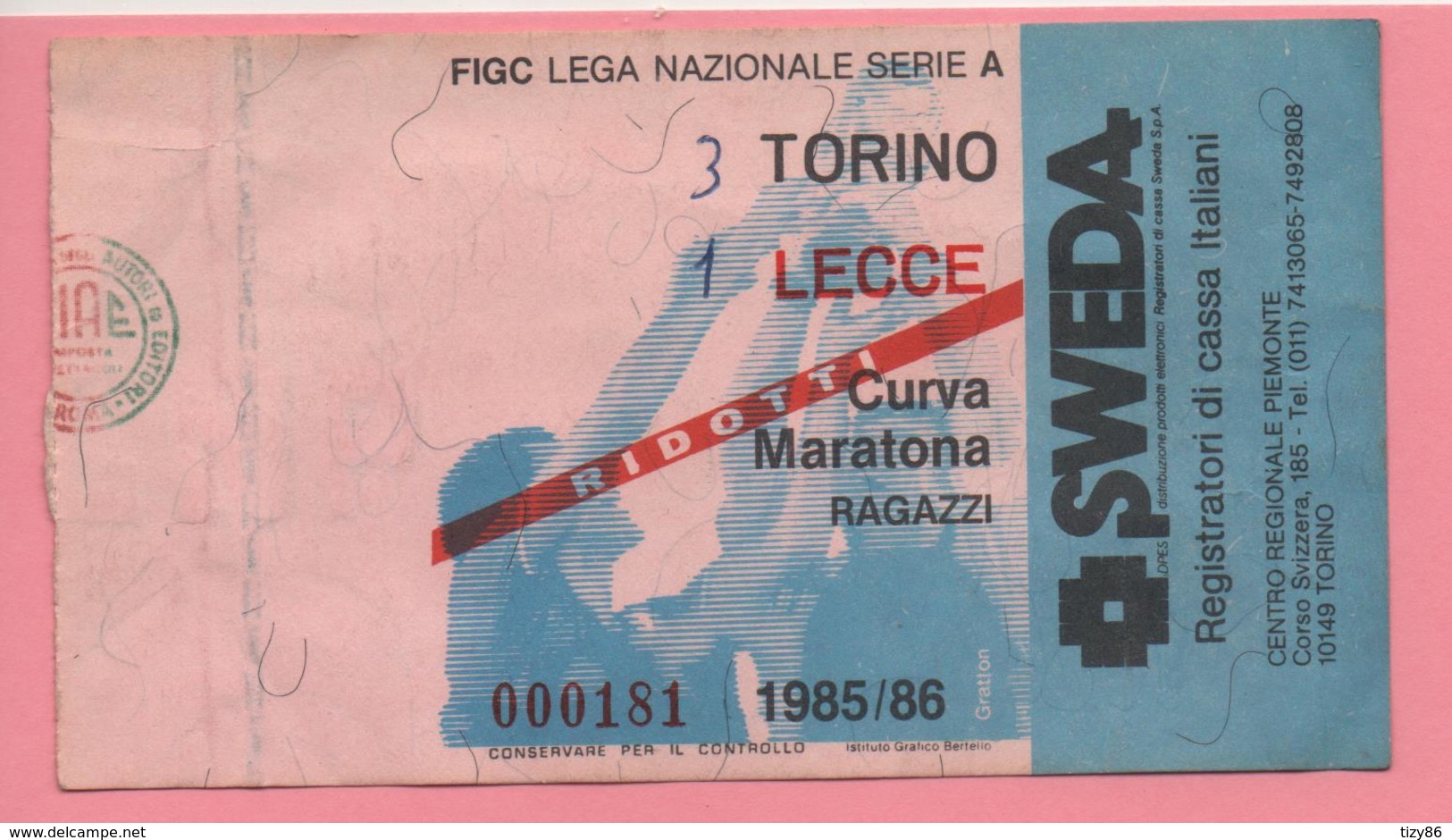 Biglietto D'ingresso Stadio Torino Lecce 1985/86 - Tickets - Vouchers