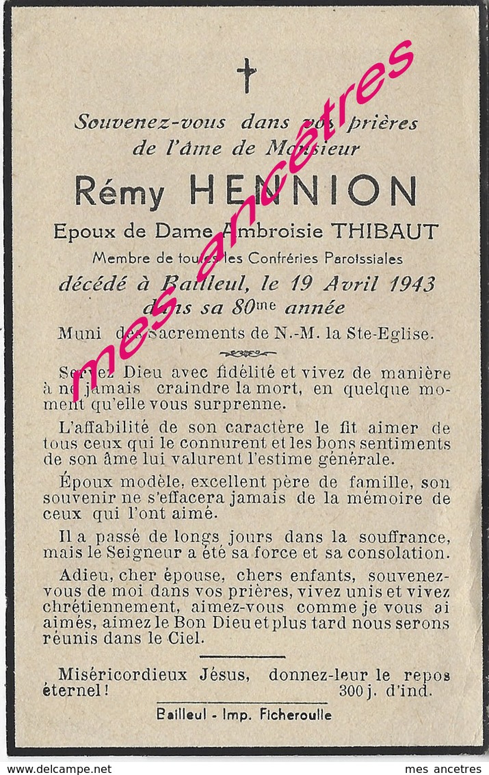 En 1943-Bailleul (59)- Rémy HENNION époux D'Ambroisie THIBAUT 80 Ans - Obituary Notices