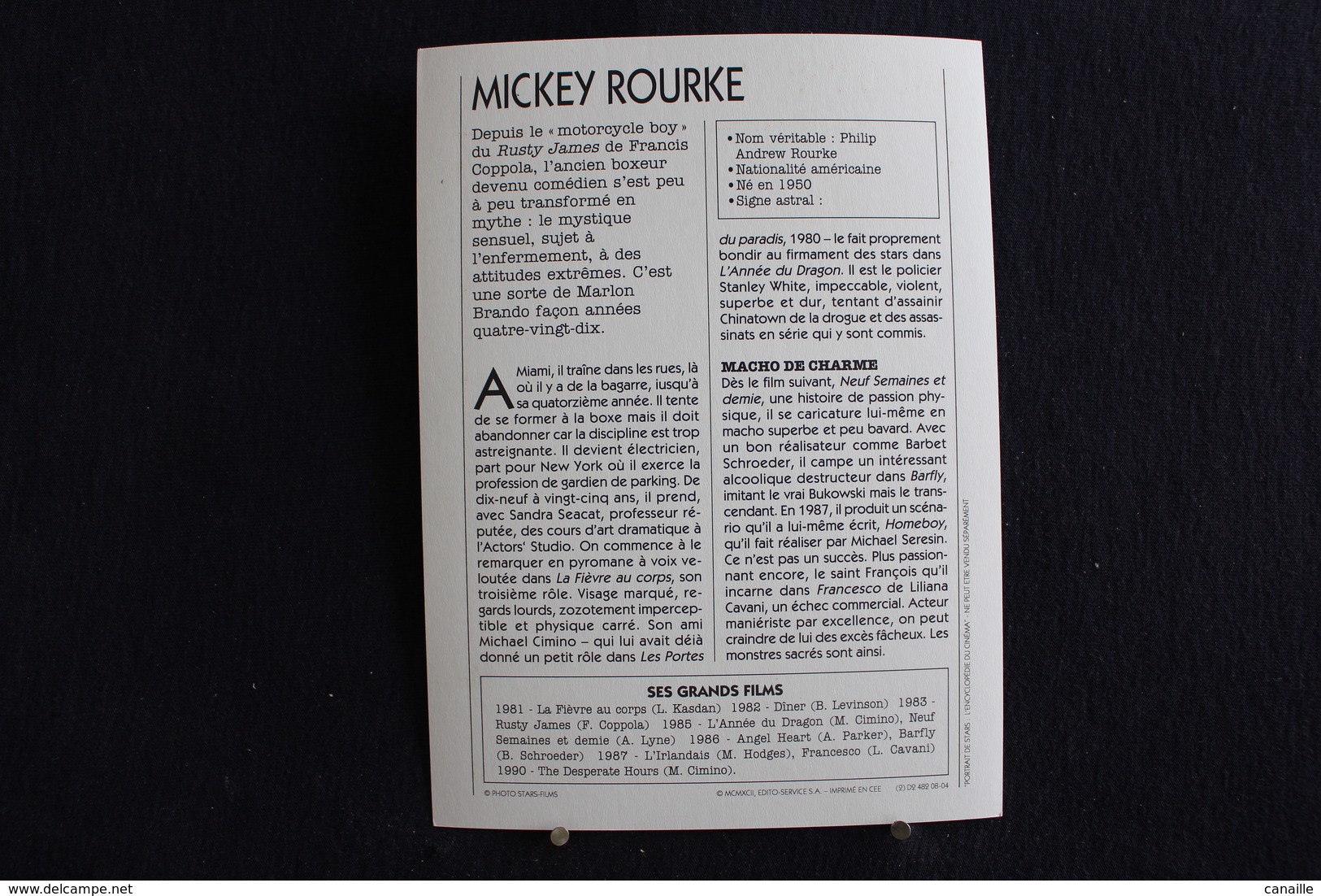 Sp-Acteur, 1990 - Mickey Rourke Est Un Acteur, Scénariste Et Boxeur Américain Né Le 16 Septembre 1952 à Schenectady - Acteurs