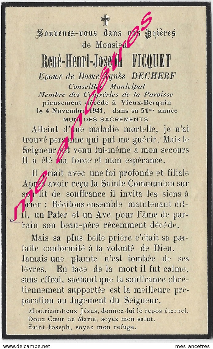 En 1943-Vieux Berquin (59)- Conseiller Municipal-René FICQUET Ep Agnès DECHERF 51 Ans - Décès