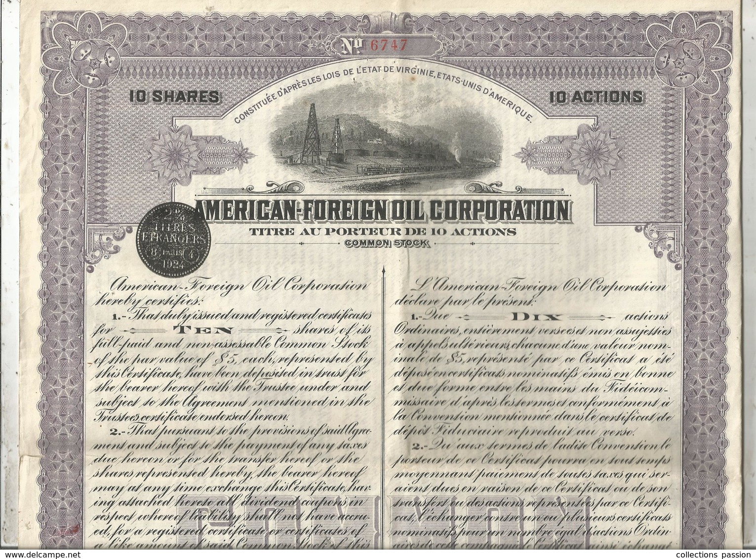 10 Actions , American Foreign Oil Corporation ,  Virginia 1920,  2 Scans , Frais Fr 1.95 E - Other & Unclassified