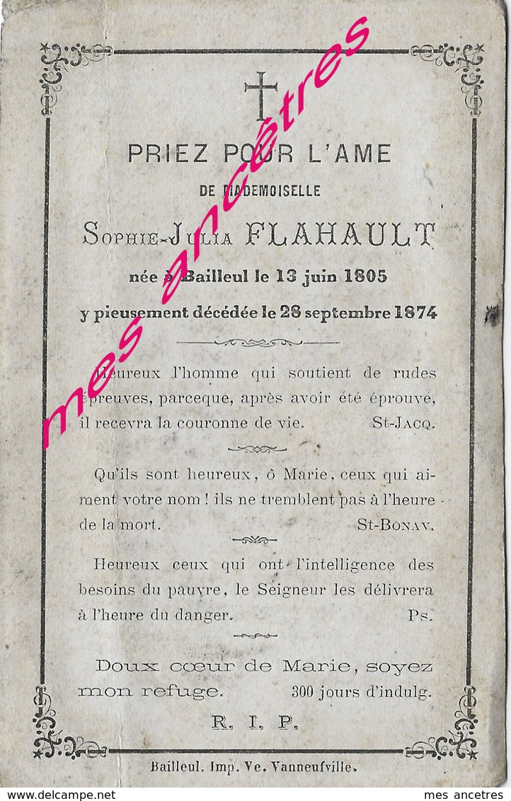 En 1874-Bailleul (59)- Sophie FLAHAULT Née En 1805 - Décès