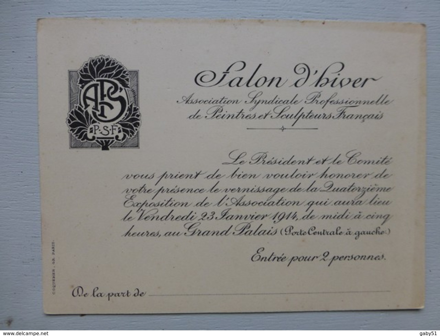 GRAND PALAIS Paris, Salon D'hiver 1914 Peintres Et Sculpteurs, Entrée 2 Personnes  ; PAP05 - Eintrittskarten