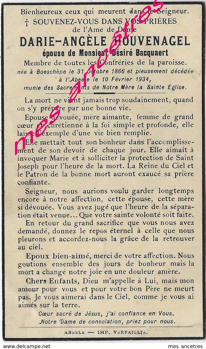 En 1934-Boeschèpe (59) Et Abeele (B)-Darie HOUVENAGEL Ep Désiré BACQUAERT Né En 1866 - Décès