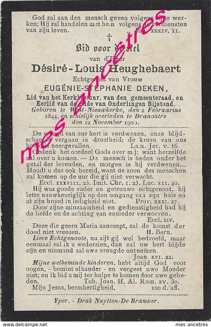 En 1900 West-Nieuwkerke Et Dranoutre (B)-Désiré HEUGHEBAERT Ep Eugénie DEKEN Né En 1844 - Todesanzeige