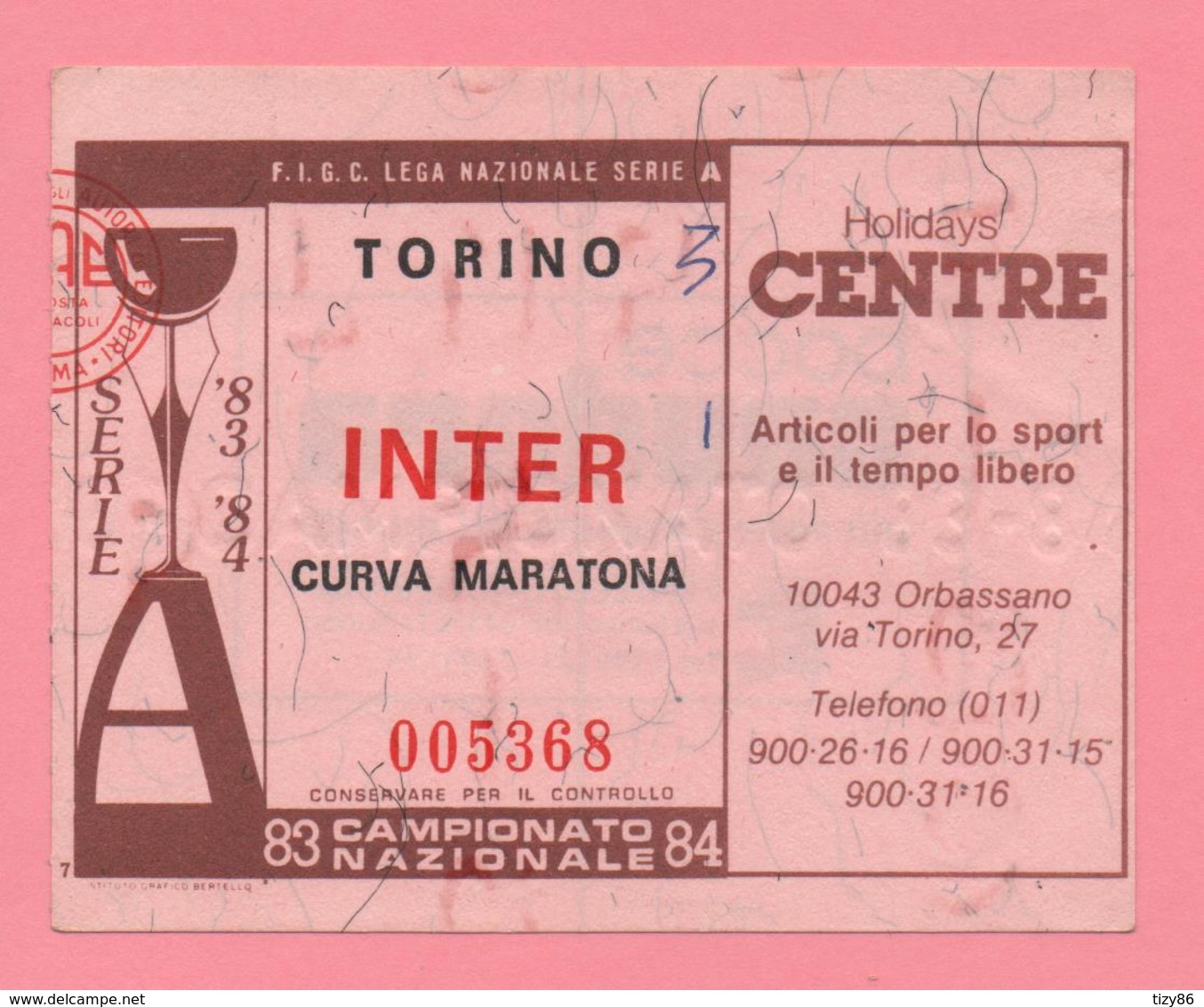 Biglietto D'ingresso Stadio Torino Inter 1983/84 - Toegangskaarten