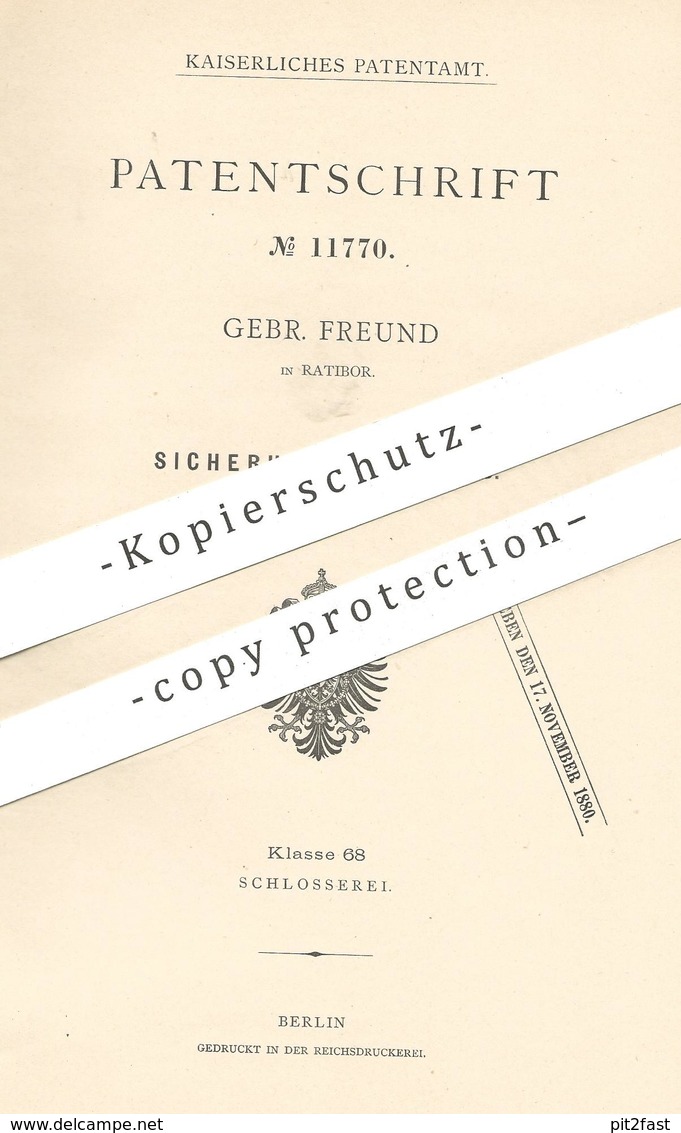 Original Patent - Gebrüder Freund , Ratibor , 1880 , Sicherheitsschloss | Schloss , Türschloss | Schlosser , Schlosserei - Historische Dokumente
