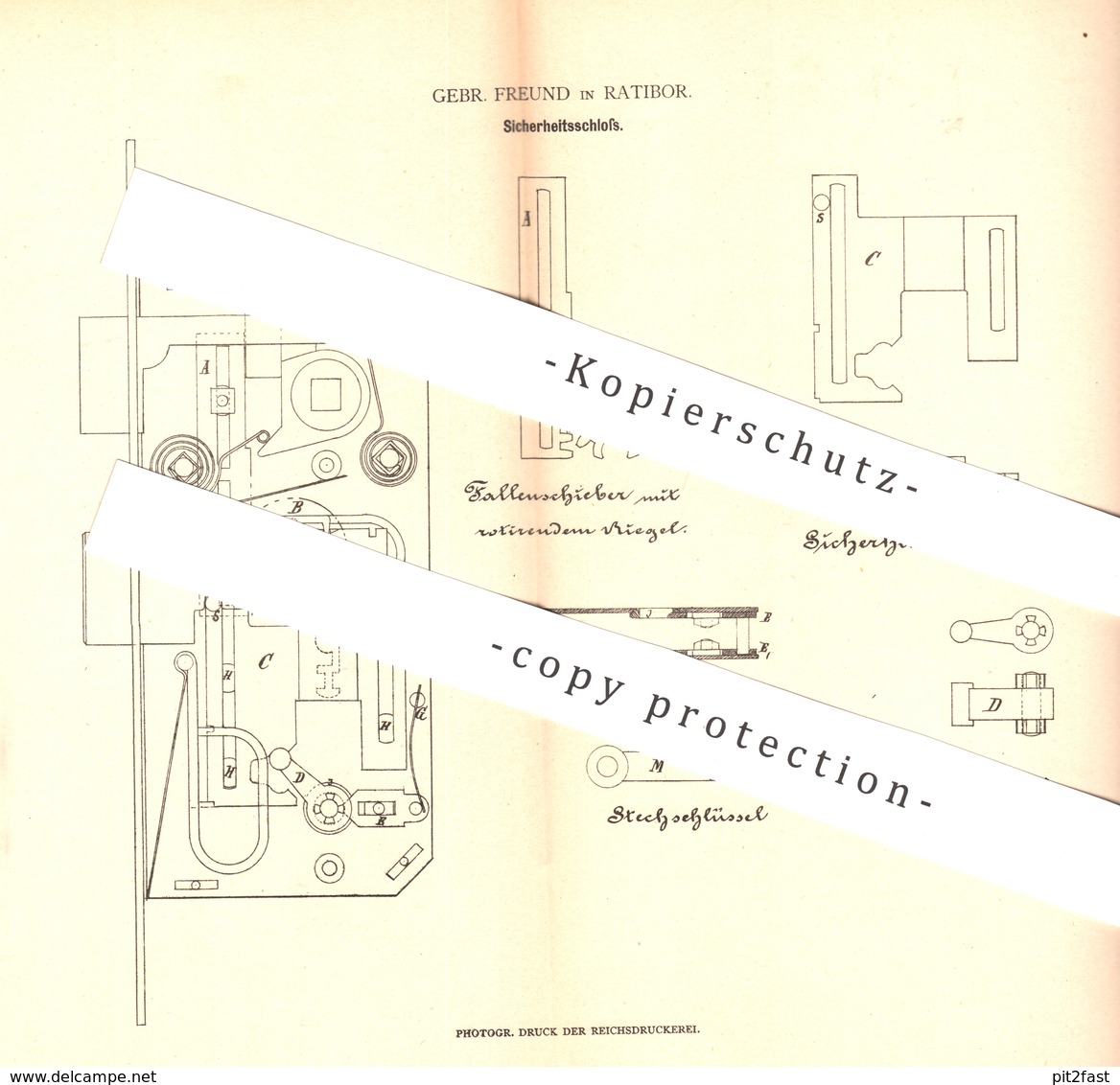 Original Patent - Gebrüder Freund , Ratibor , 1880 , Sicherheitsschloss | Schloss , Türschloss | Schlosser , Schlosserei - Historische Dokumente