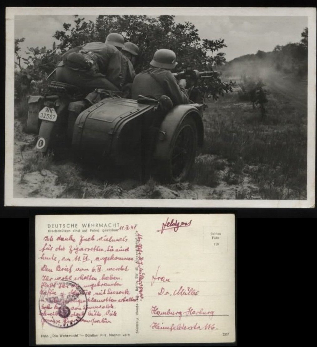 WW II Postkarte Militär: Motorrad , Kradschützen Sind Auf Feind Gestoßen ,gebraucht Feldpost - Hamburg 1941 , Bedarfse - Oorlog 1939-45