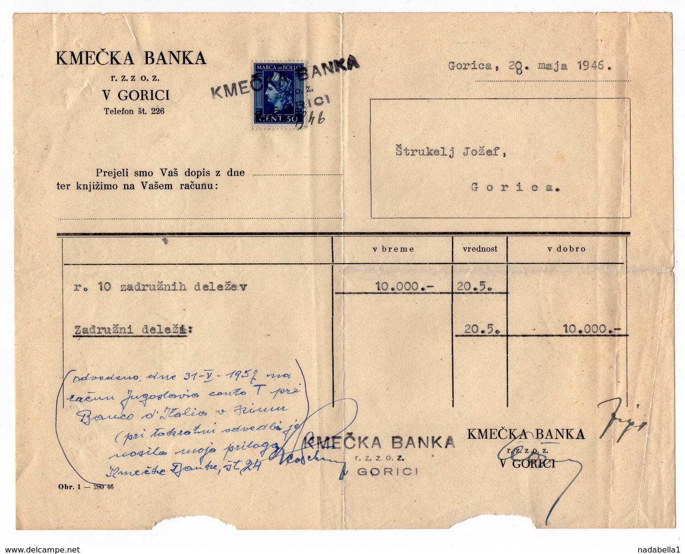 28.05.1946. YUGOSLAVIA, SLOVENIA, GORICA, FARMER'S BANK, KMECKA BANKA, 1 REVENUE STAMPS - Other & Unclassified