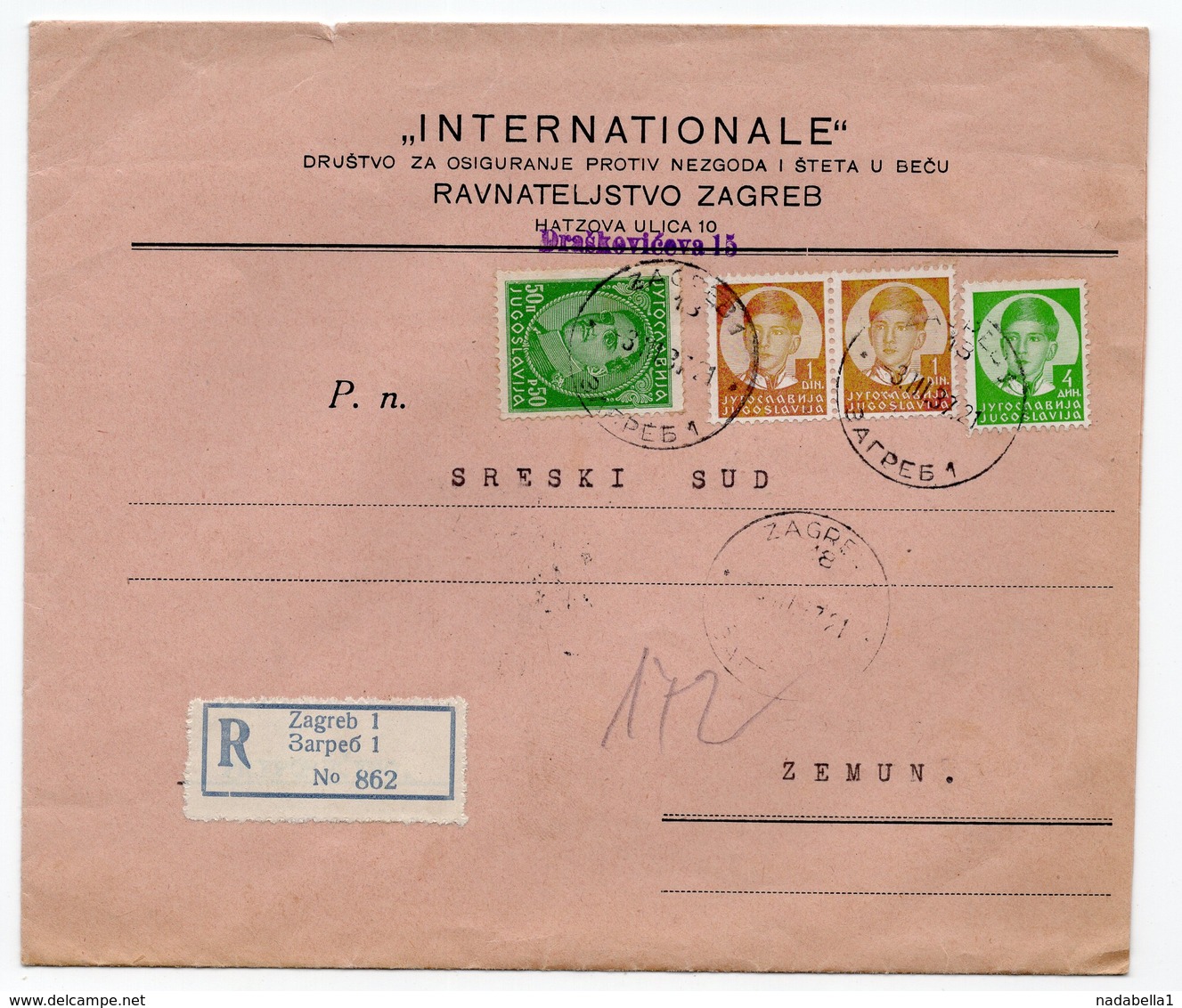 03.03.1937 YUGOSLAVIA, CROATIA,, ZAGREB TO ZEMUN, INTERNACIONALE INSURANCE, COMPANY LETTERHEAD COVER, REGISTERED MAIL - Covers & Documents