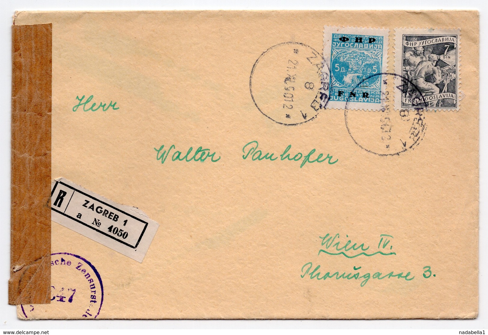 21.11.1950. YUGOSLAVIA, CROATIA, ZAGREB TO VIENNA, CENSORED IN AUSTRIA, REGISTERED MAIL - Covers & Documents